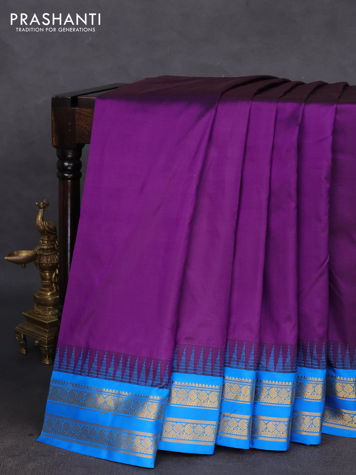 10 yards silk saree purple and cs blue with plain body and temple design rettapet zari woven border
