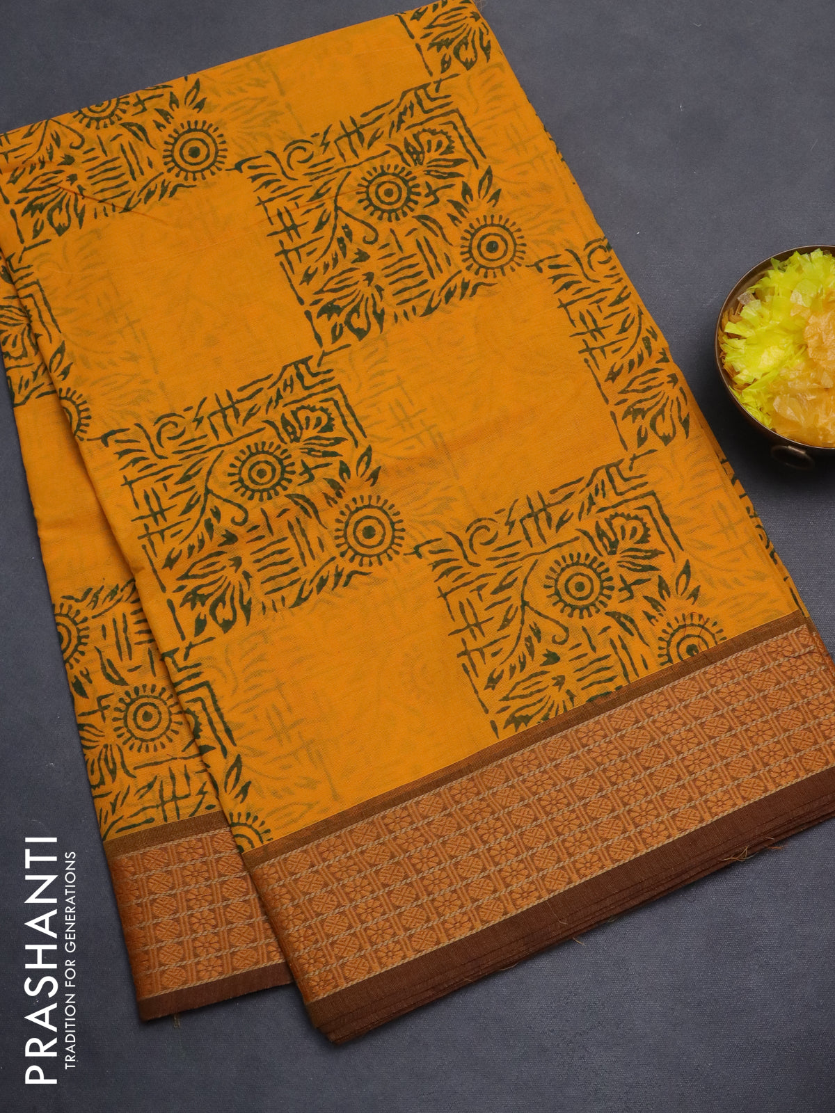 Chettinad cotton saree mango yellow and brown with allover block prints and thread woven border