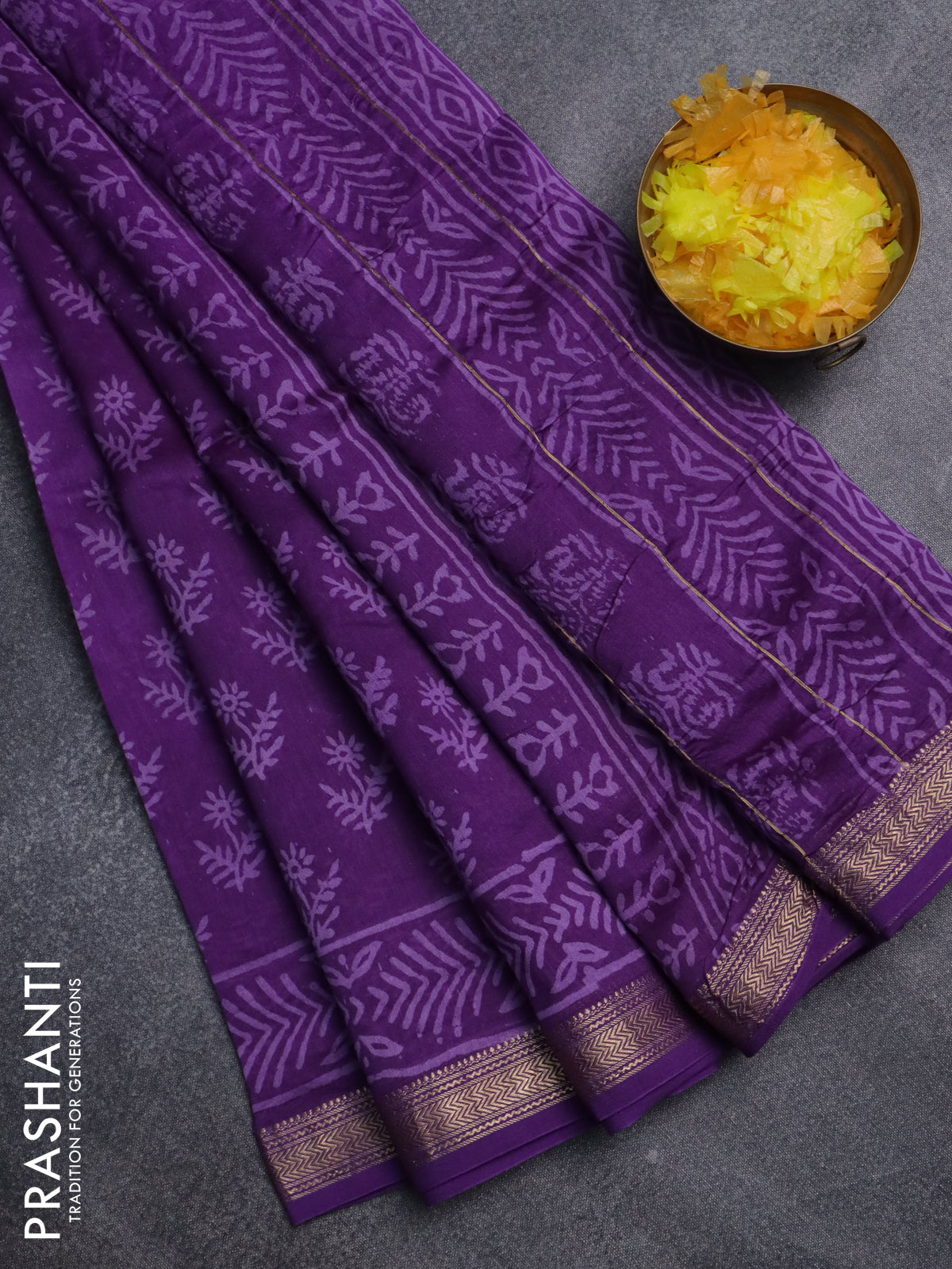 Chanderi bagru saree violet with allover floral butta prints and maheswari border