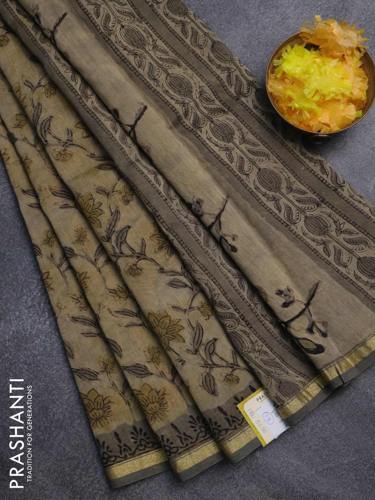 Chanderi bagru saree sandal and grey with allover prints and small zari woven border
