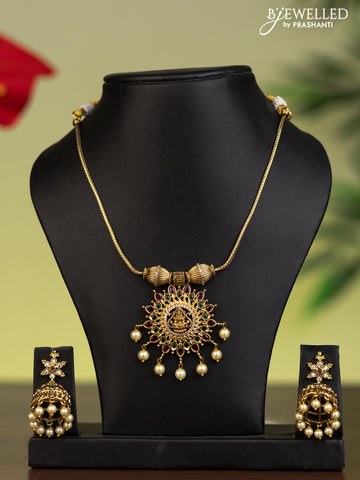 Antique attigai necklace lakshmi pendant with kemp & cz stones and pearl hangings