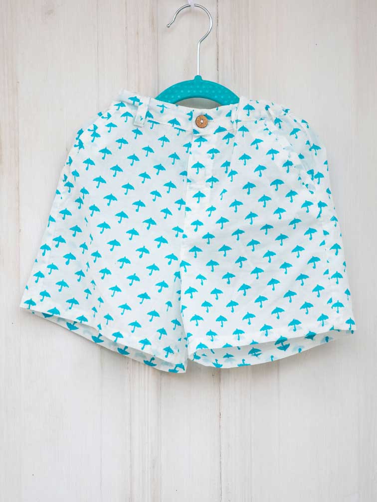 Turquoise Umbrella Organic Cotton Block Printed Shorts