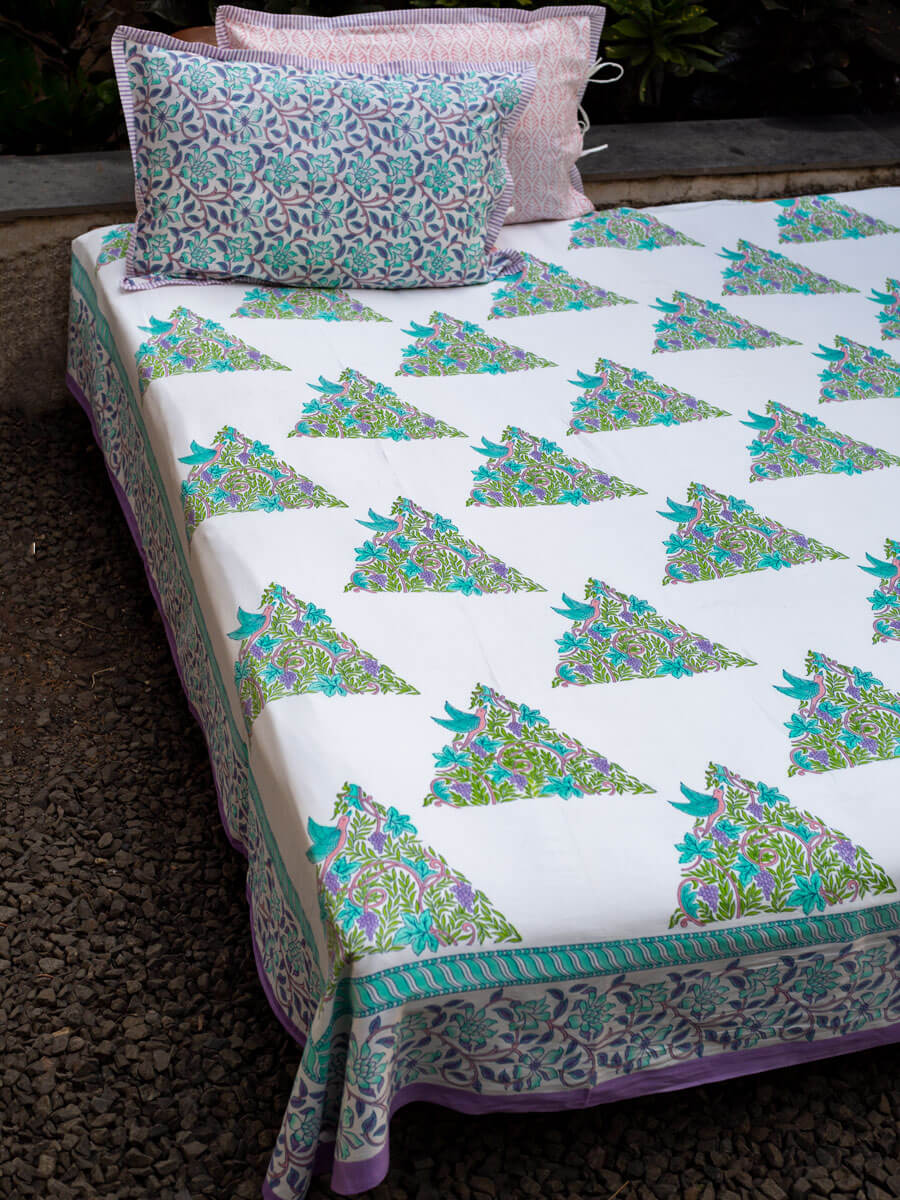 Fields of Lavender Block Printed Cotton Bedsheet