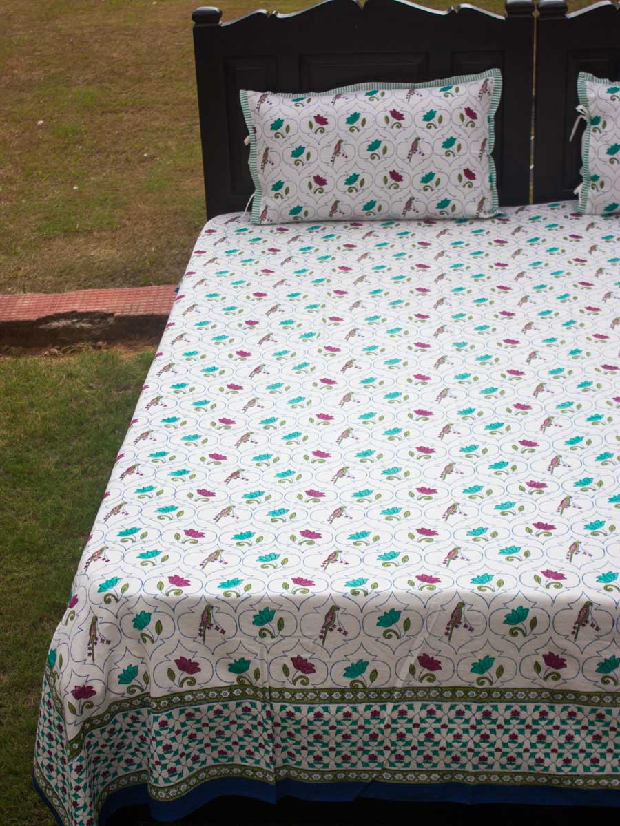 Lotus Jaal Block Printed Cotton Bedsheet
