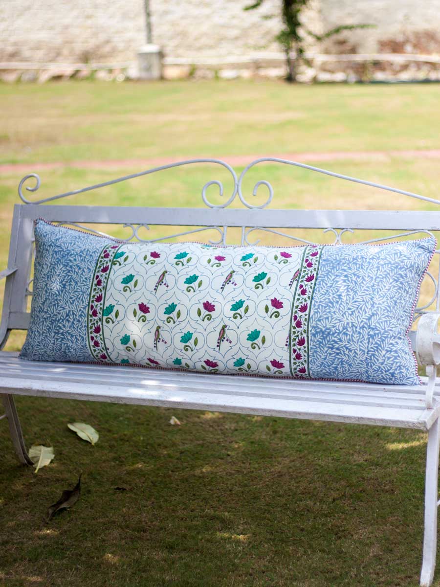 Lotus Jaal Block Printed Cotton Cushion Cover - 16 X 48 Inch