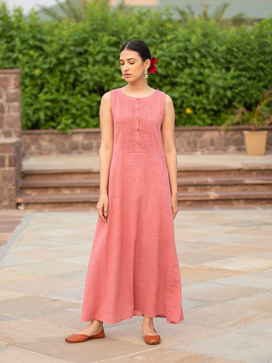 Salmon Pink Sleeveless Cotton Pintuck Dress