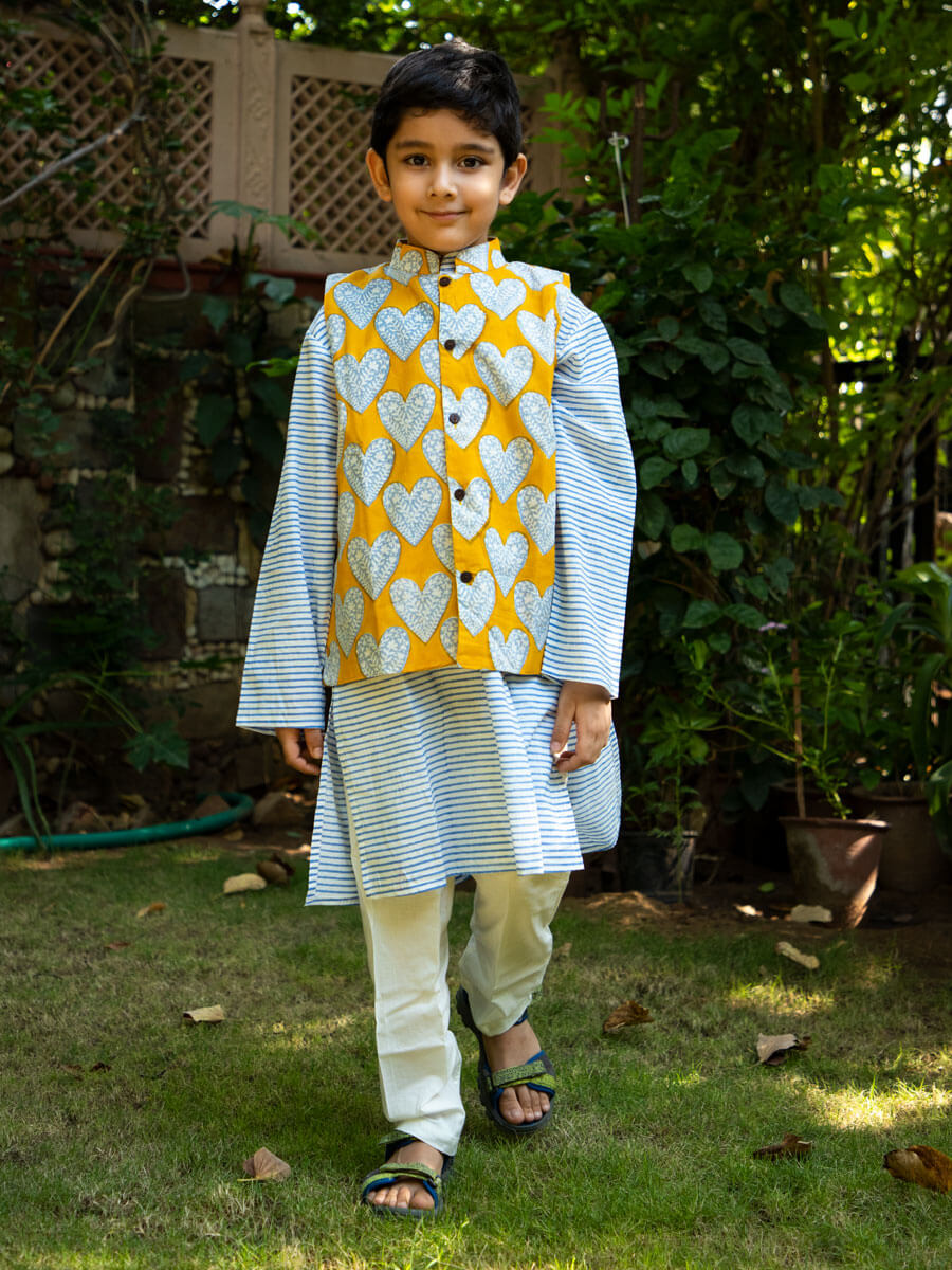 Set of 3 - Sunshine Love Block Printed Kurta With Jacket