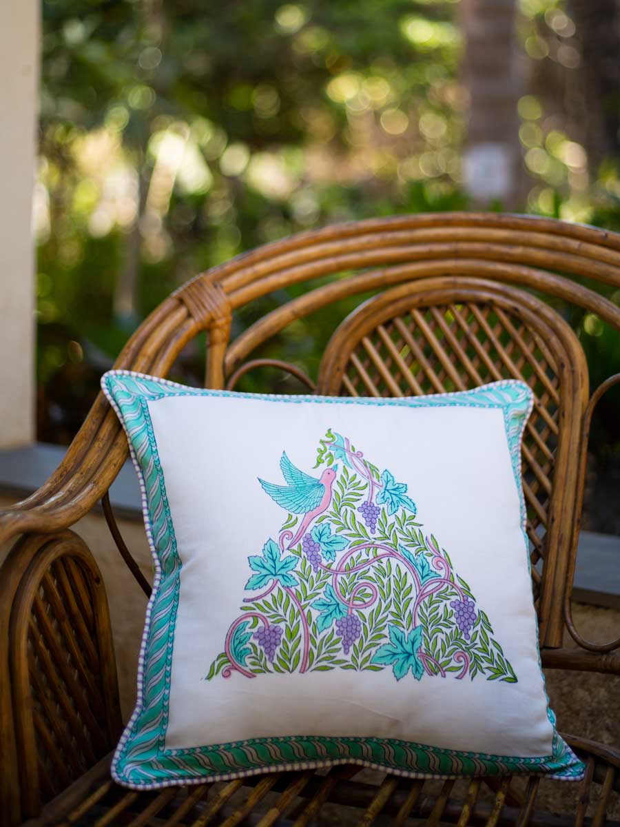 Romantic Lavender Block Printed Cotton Cushion Cover - 16 Inch