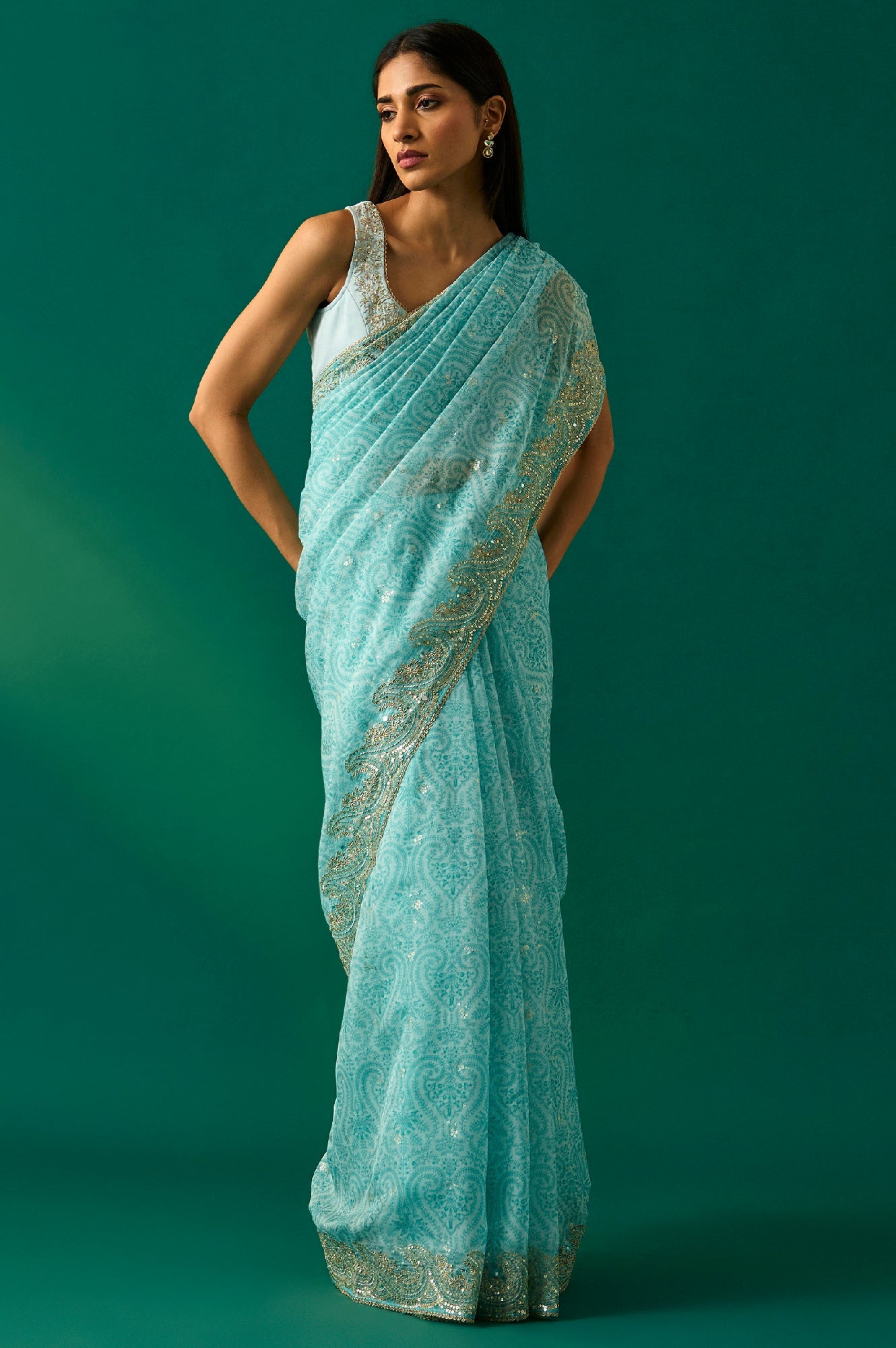 Light Blue Floral Printed Embroidered Zari Work Net Saree with Unstitched Blouse