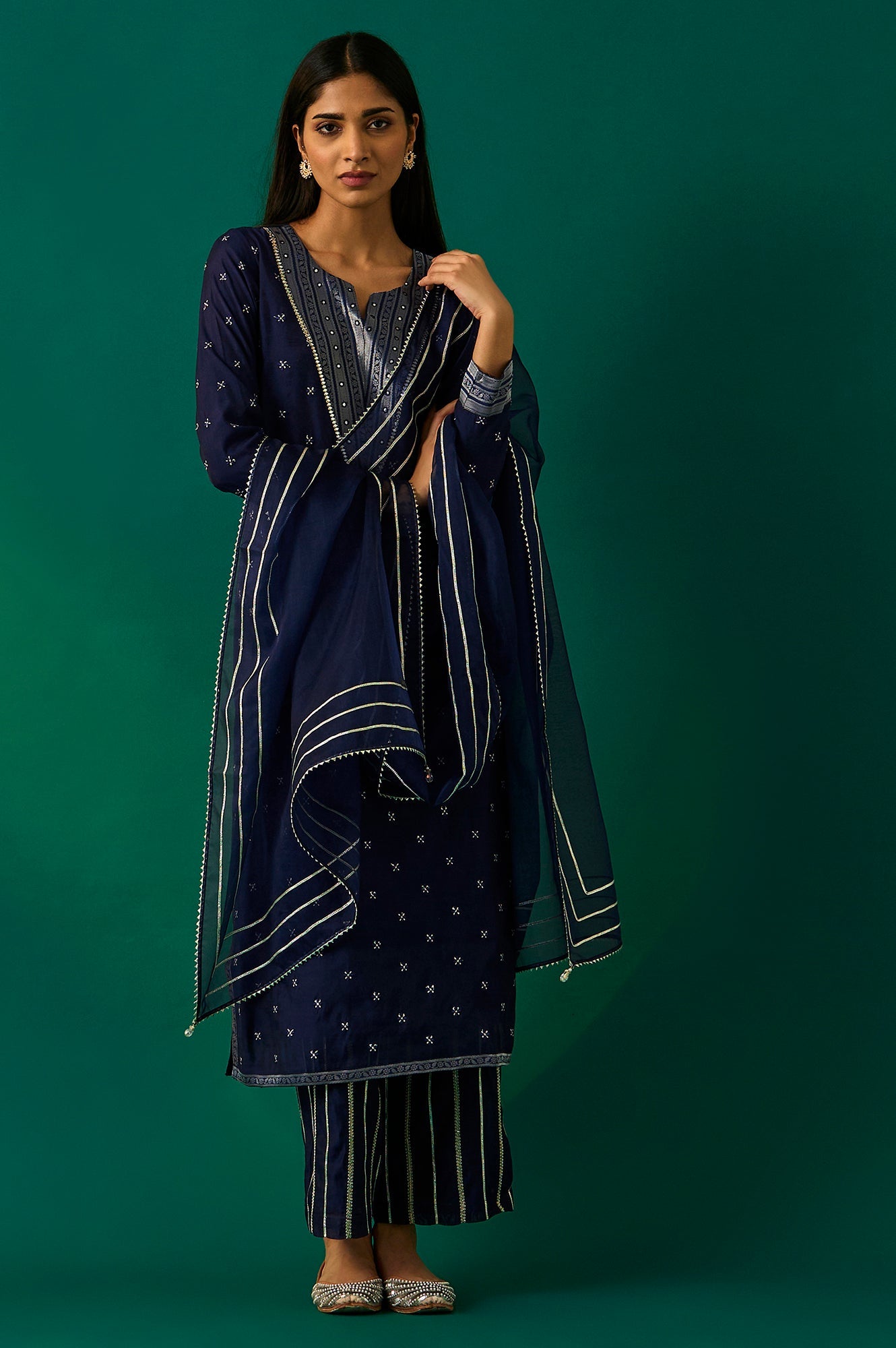 Navy Blue Embroidered Straight Kurta with Straight Pant and Dupatta Set