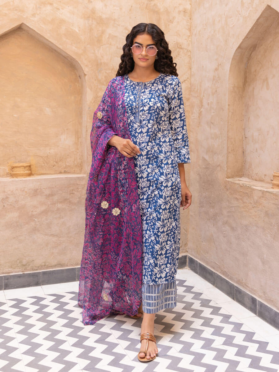 Set of 3 - Minakshi Cotton Kurta, Palazzo and Dupatta