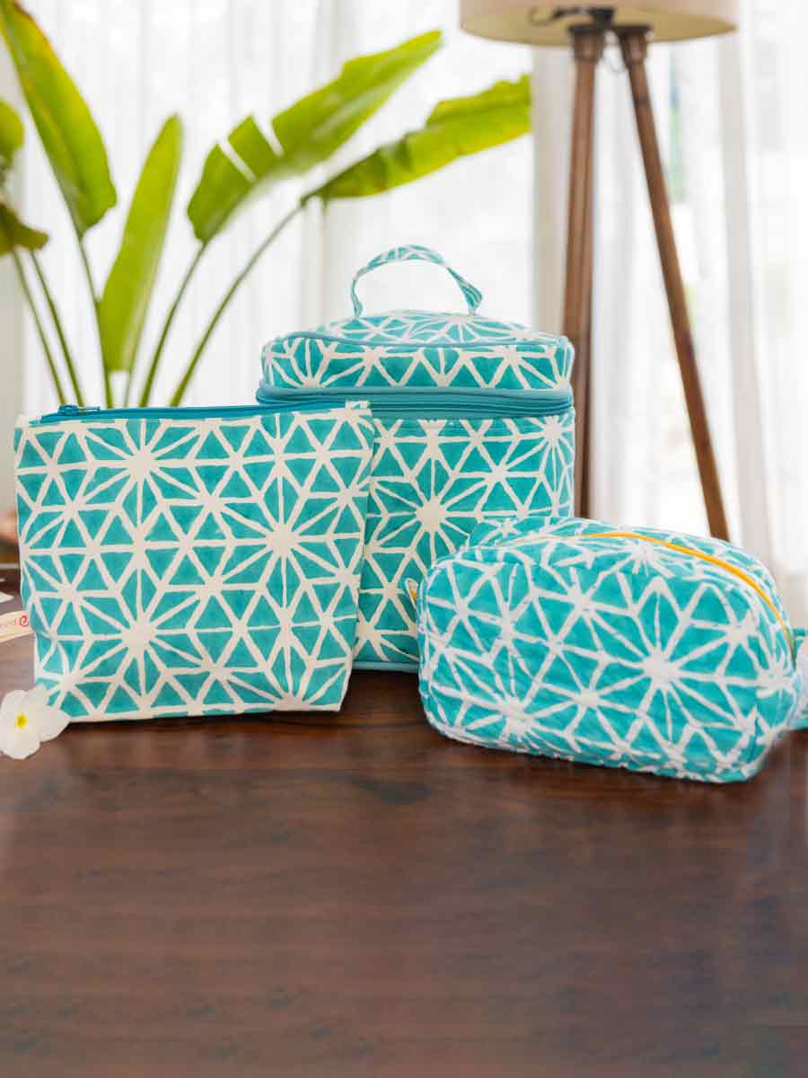 Set of 3 - Blue Star Block Printed Travel Kit