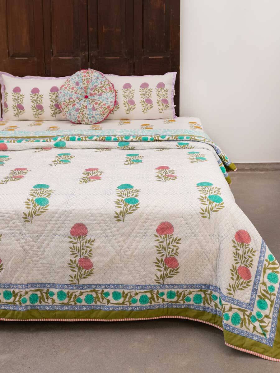 Spring Time Block Printed Cotton Quilt