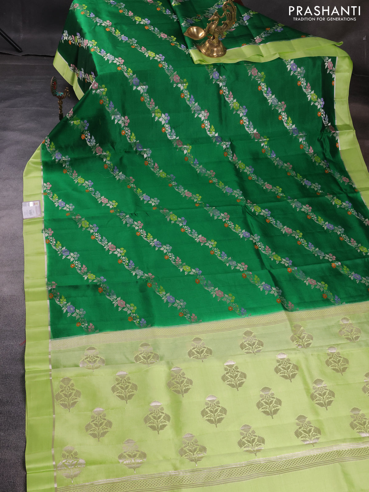Banarasi poona silk saree green and pista green with allover zari woven mina weaves and zari woven simple border
