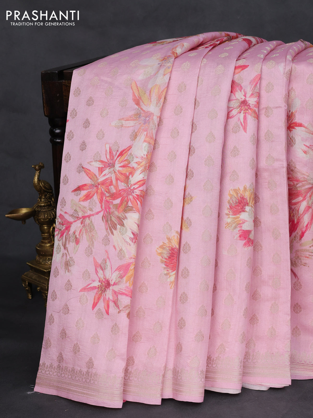 Chiniya silk saree mild peach pink with allover silver zari buttas & digital prints and zari woven border