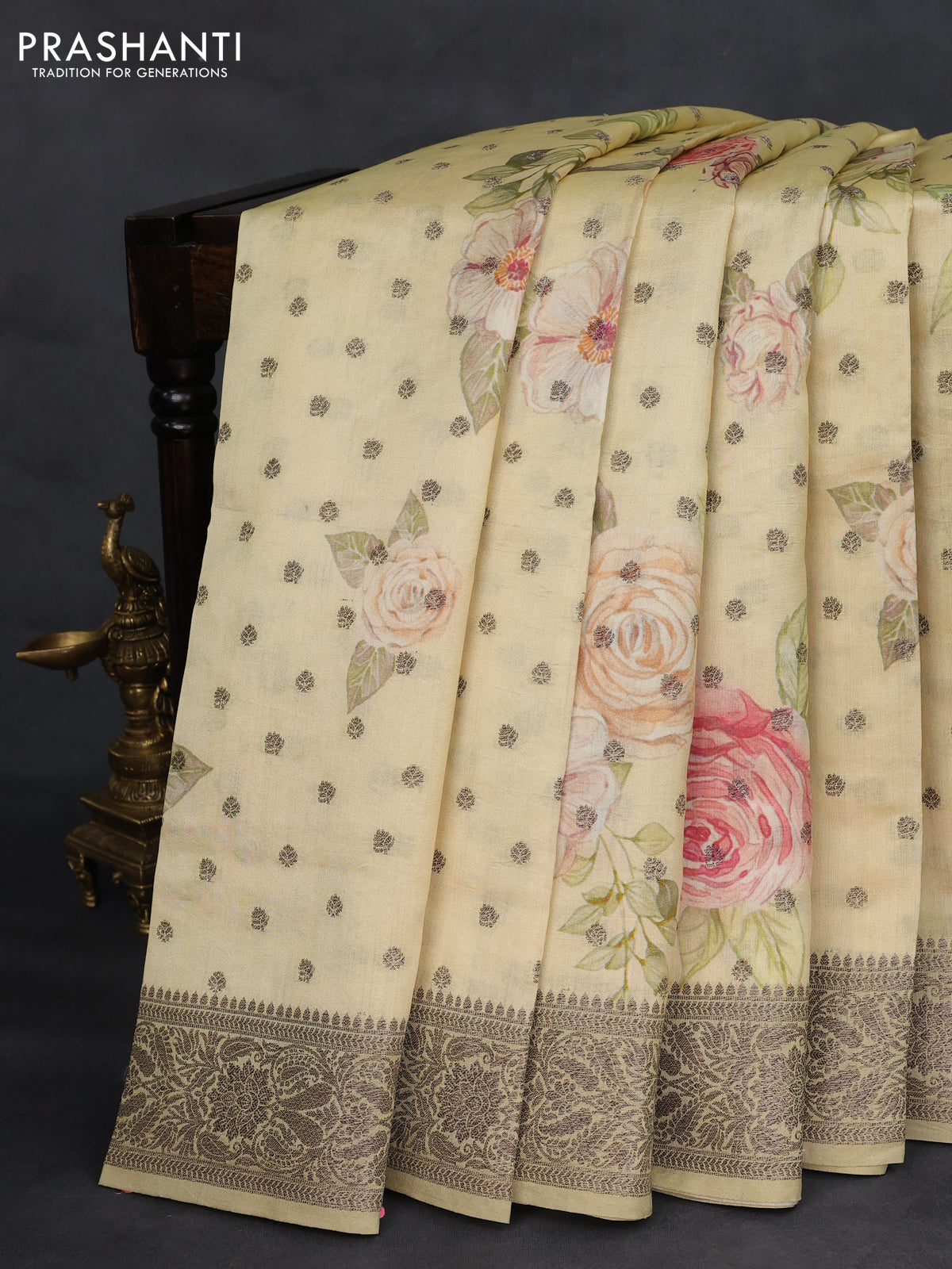 Chiniya silk saree pale yellow and elaichi green with allover woven buttas & digital prints and banarasi style border