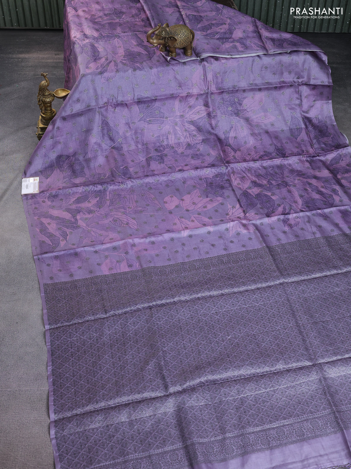 Banarasi tussar silk saree pastel lavender with woven buttas & floral digital prints in borderless style