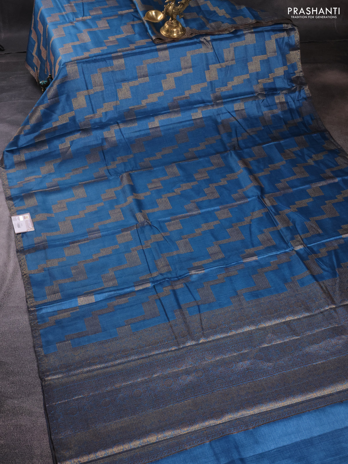 Banarasi tussar silk saree peacock blue shade with allover thread & zari weaves and small woven border