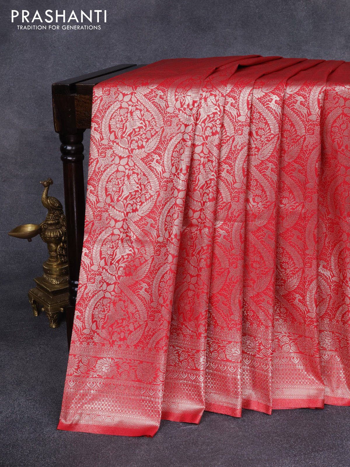 Banarasi silk saree red with allover silver zari woven brocade weaves and silver zari woven border