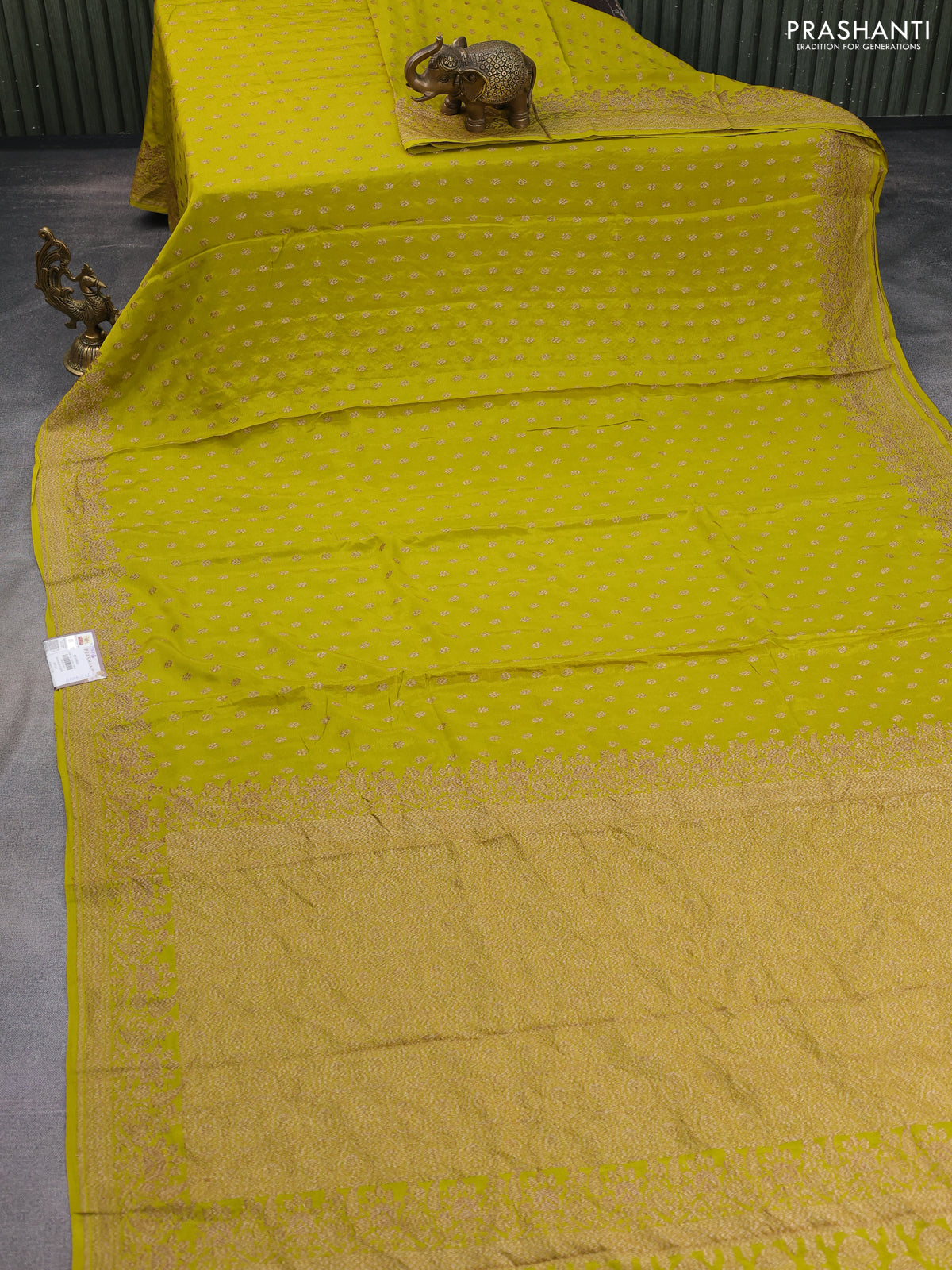Banarasi crepe saree lime yellow with allover thread & zari woven buttas and woven border