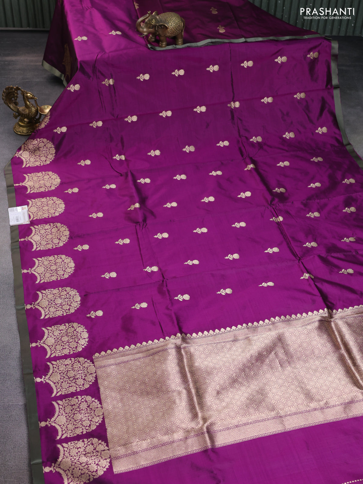 Banarasi katan silk saree purple and grey with zari woven floral buttas and piping border