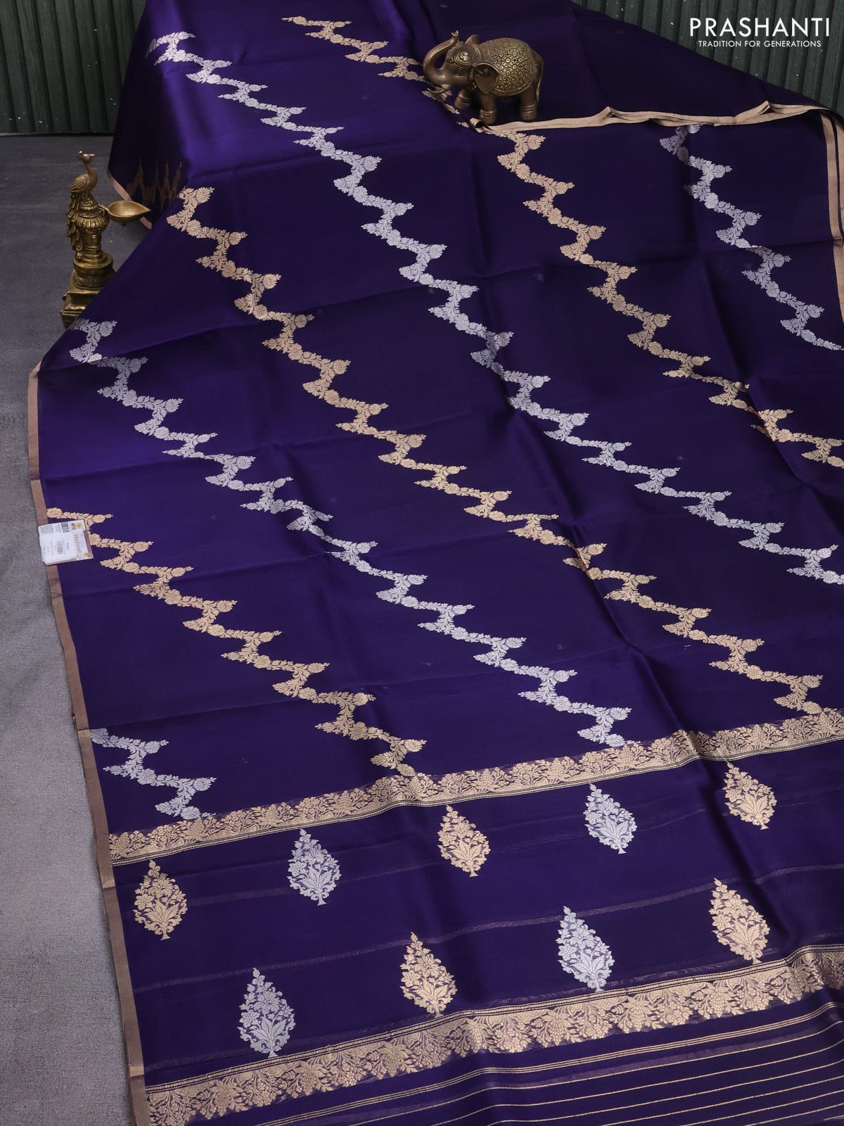 Banarasi organza silk saree dark blue with silver & gold zari weaves and zari woven piping border
