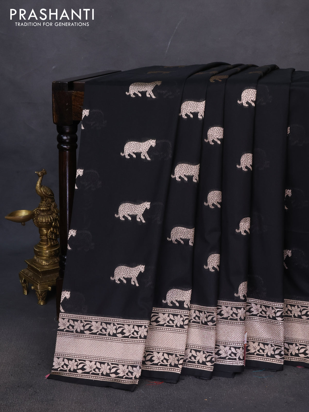 Banarasi semi katan saree black with zari woven buttas and zari woven border