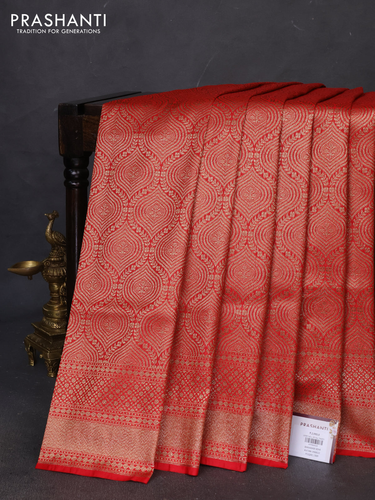 Banarasi semi katan saree red with allover thread & zari woven brocade weaves and woven border