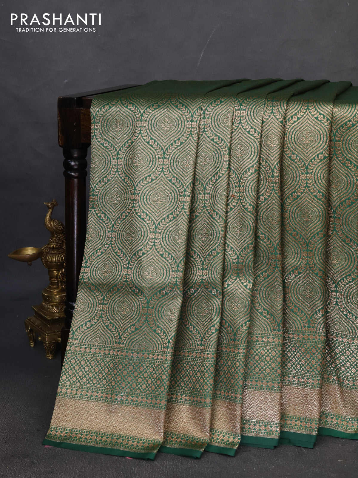 Banarasi semi katan saree green with allover thread & zari woven brocade weaves and woven border