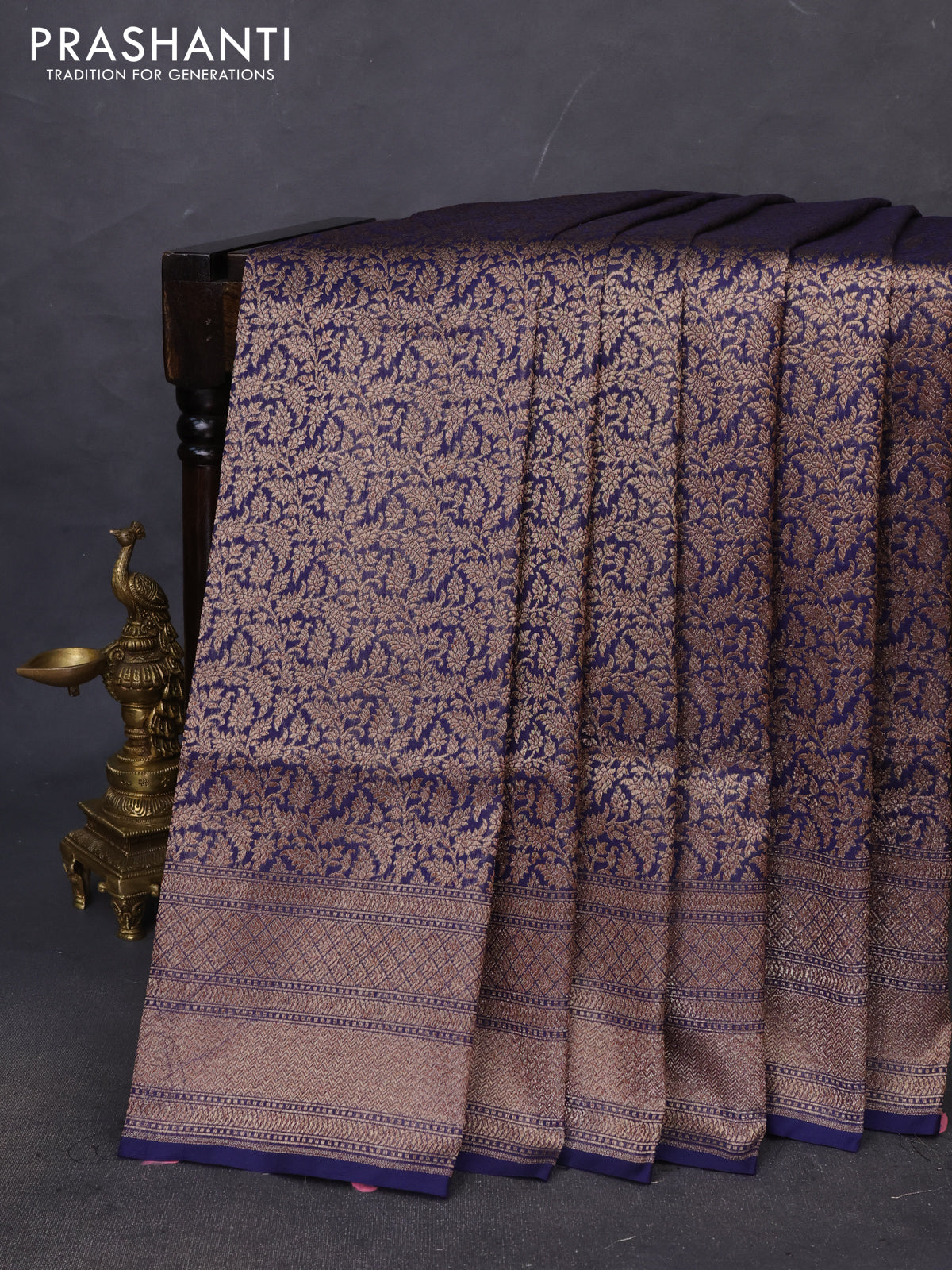Banarasi semi katan saree navy blue with allover thread & zari brocade weaves and woven border