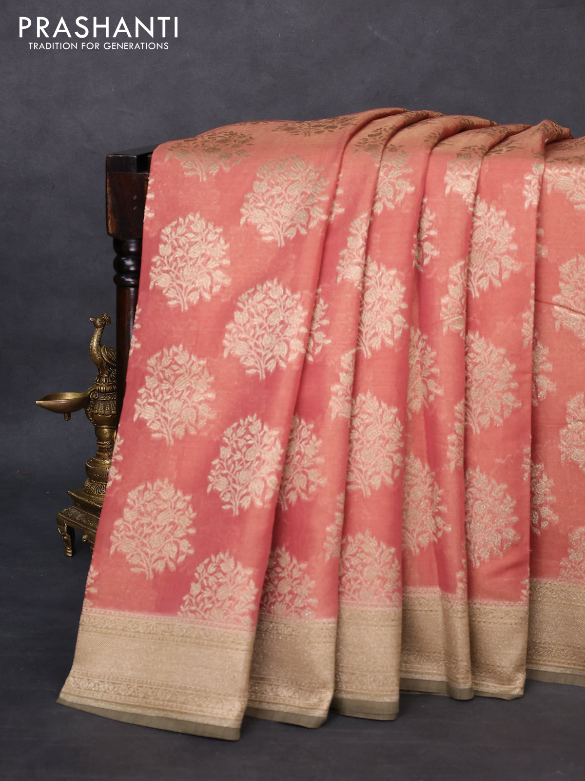 Banarasi tissue silk cotton saree red shade and grey shade with zari woven buttas and woven border