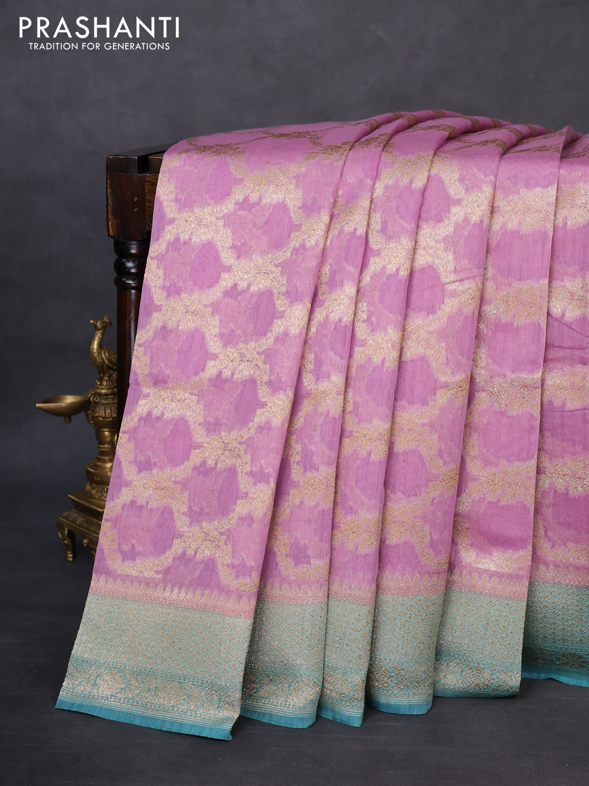 Banarasi silk cotton saree pastel purple and teal blue with allover zari weaves and zari woven border