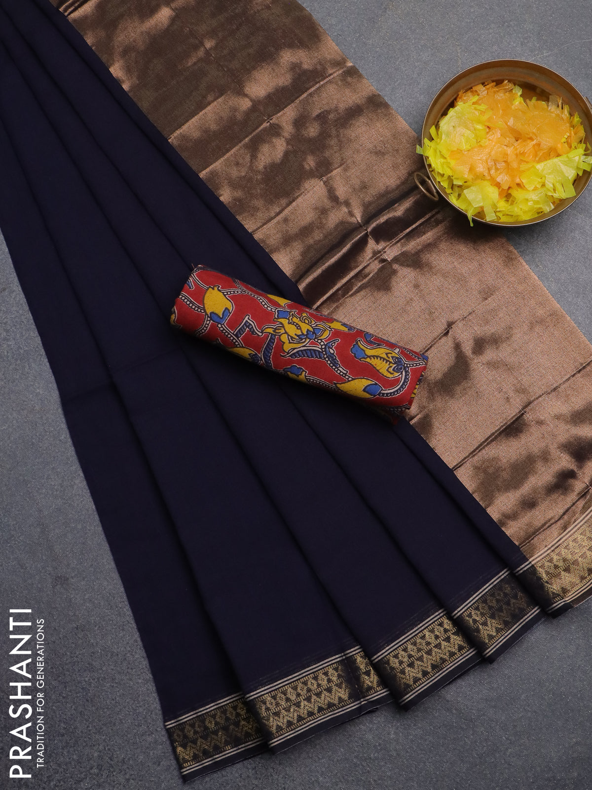 Bengal soft cotton saree navy blue and maroon with plain body and zari woven border