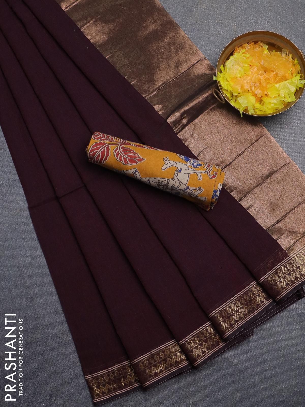 Bengal soft cotton saree wine shade and mustard yellow with plain body and zari woven border