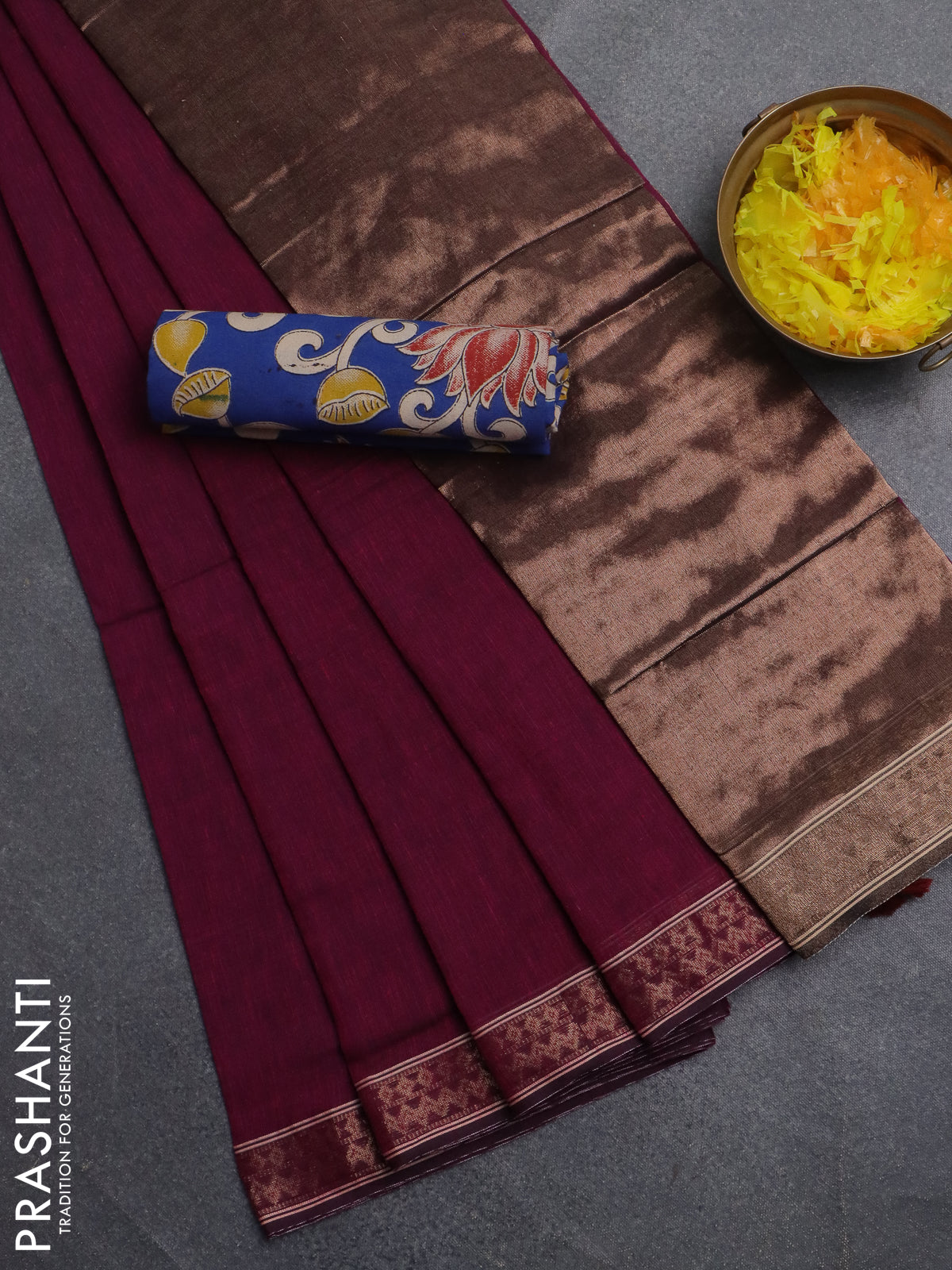 Bengal soft cotton saree dark magenta pink and blue with plain body and zari woven border