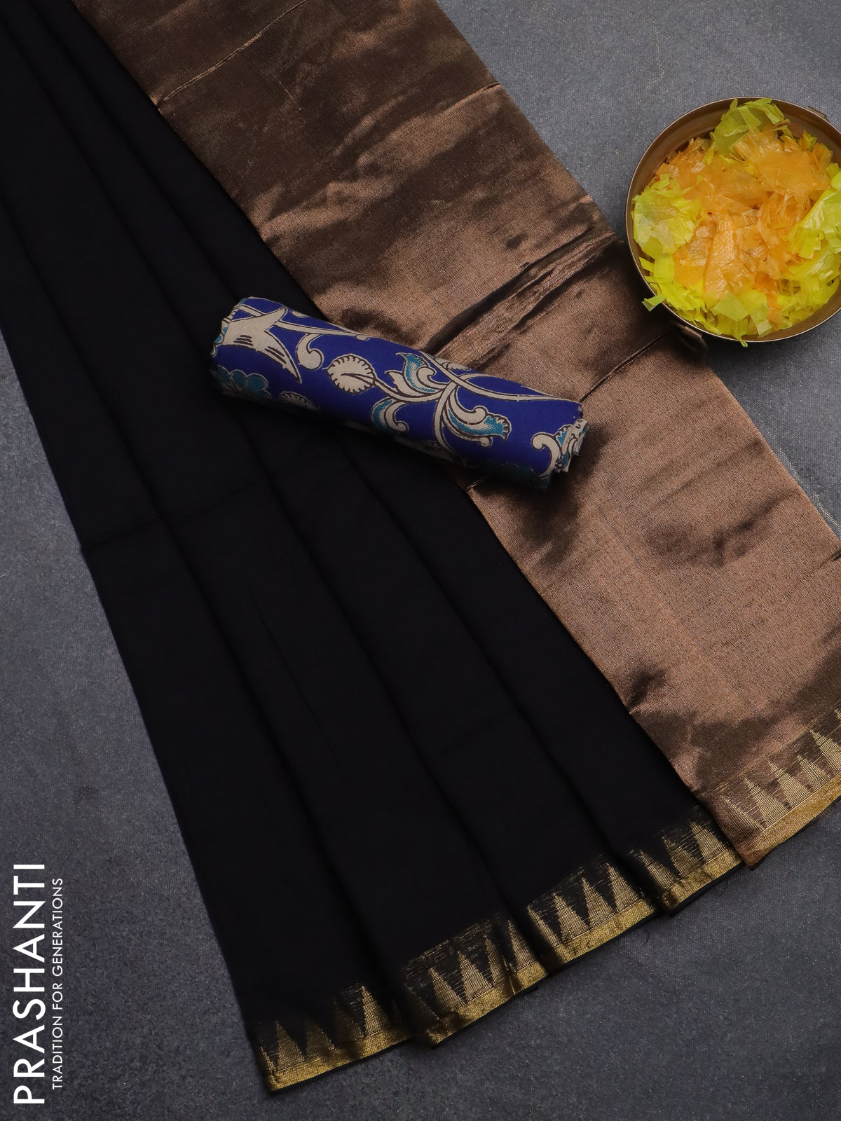 Bengal soft cotton saree black and blue with plain body and zari woven border