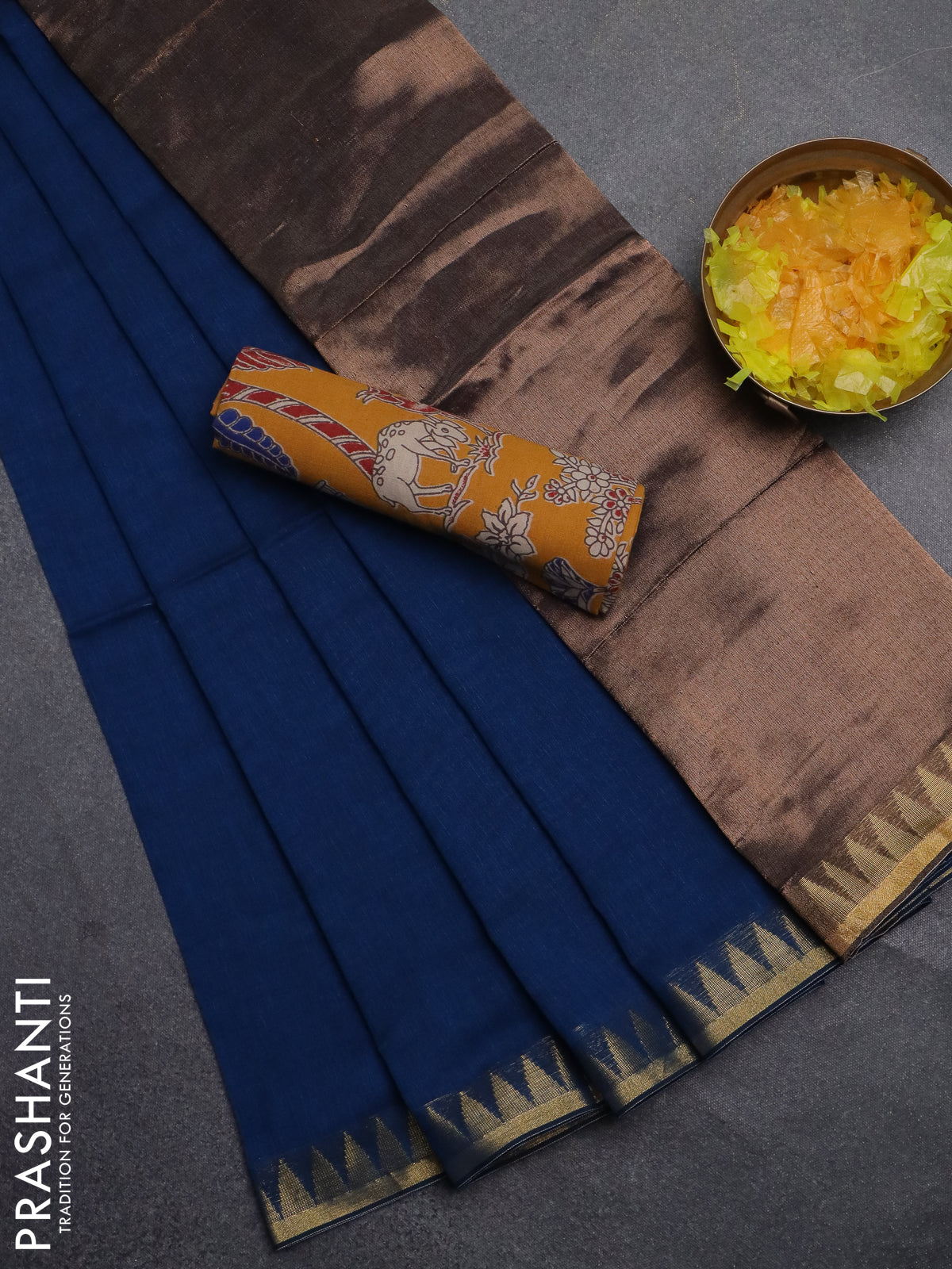 Bengal soft cotton saree cs blue and mustard yellow with plain body and zari woven border