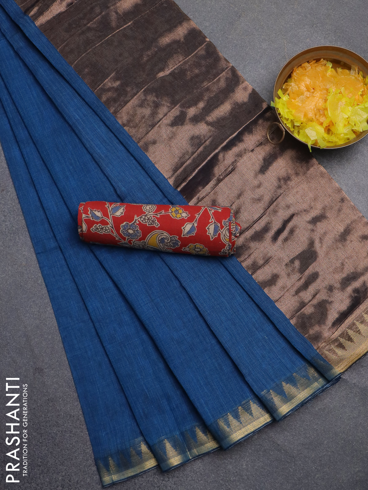 Bengal soft cotton saree cs blue and red with plain body and zari woven border