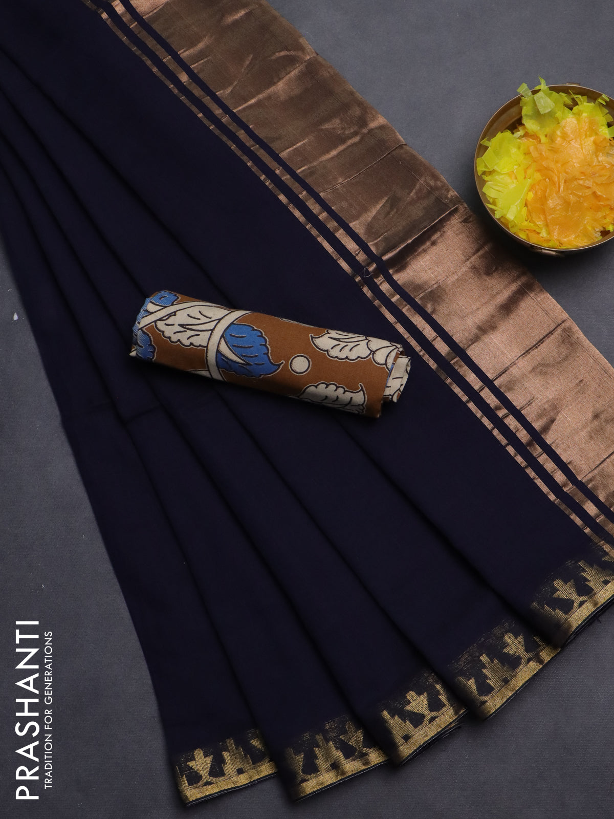 Bengal soft cotton saree navy blue and dark mustard with plain body and zari woven border
