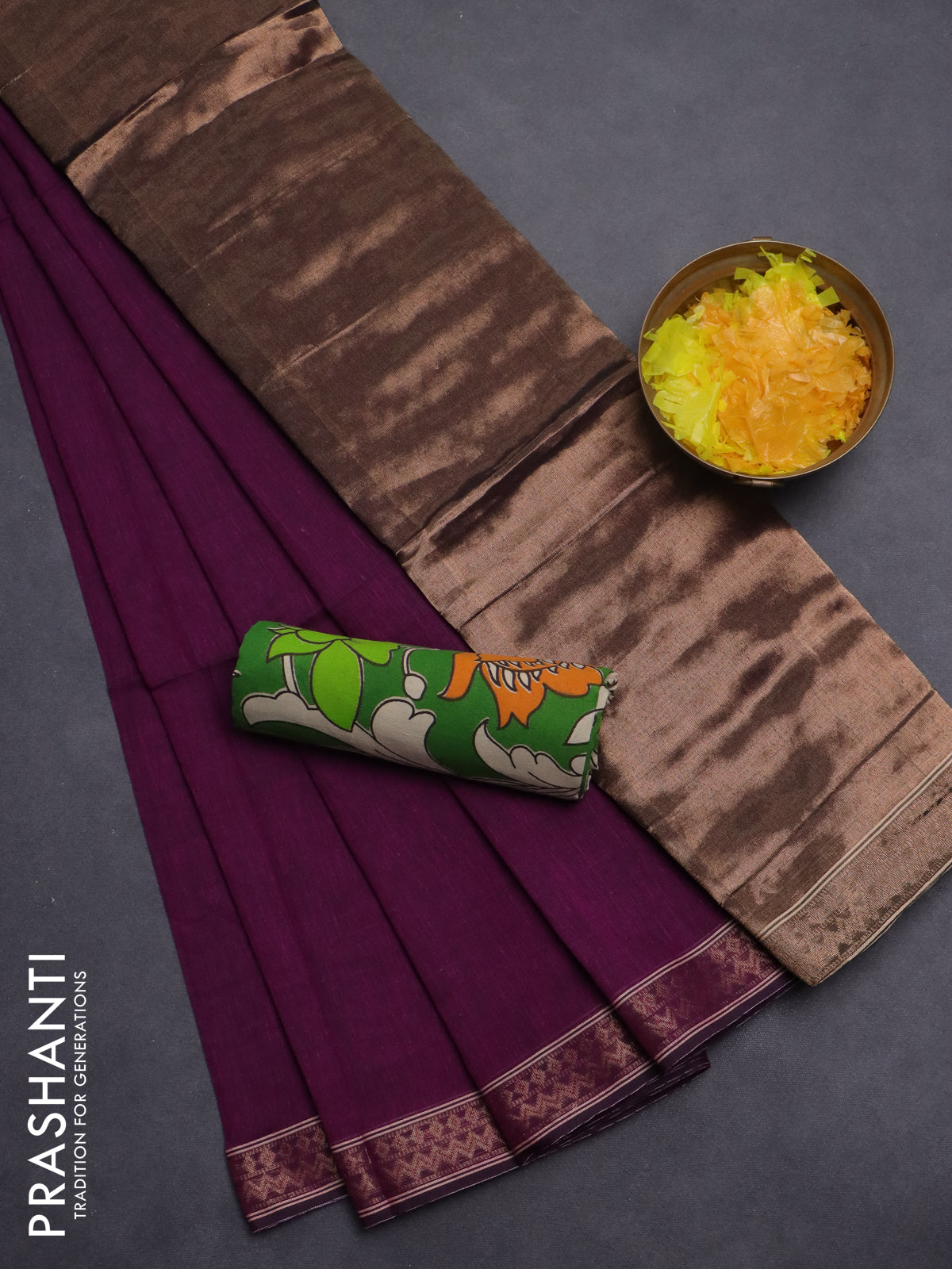 Bengal soft cotton saree purple and green with plain body and zari woven border