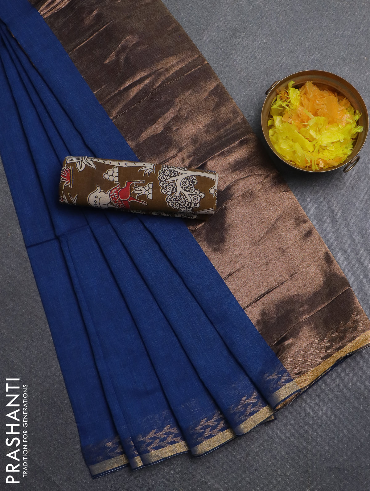 Bengal soft cotton saree blue and dark mustard with plain body and zari woven border