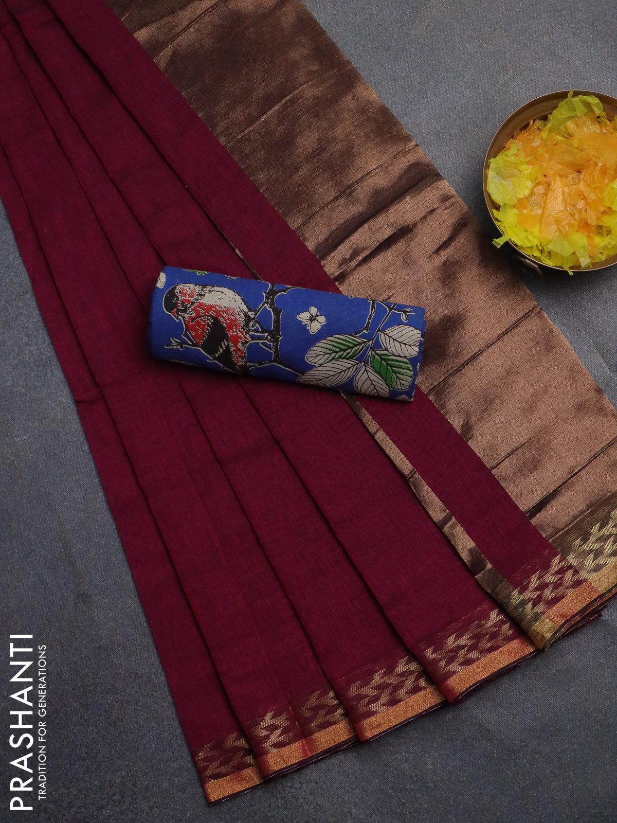 Bengal soft cotton saree dark magenta pink and blue with plain body and zari woven border