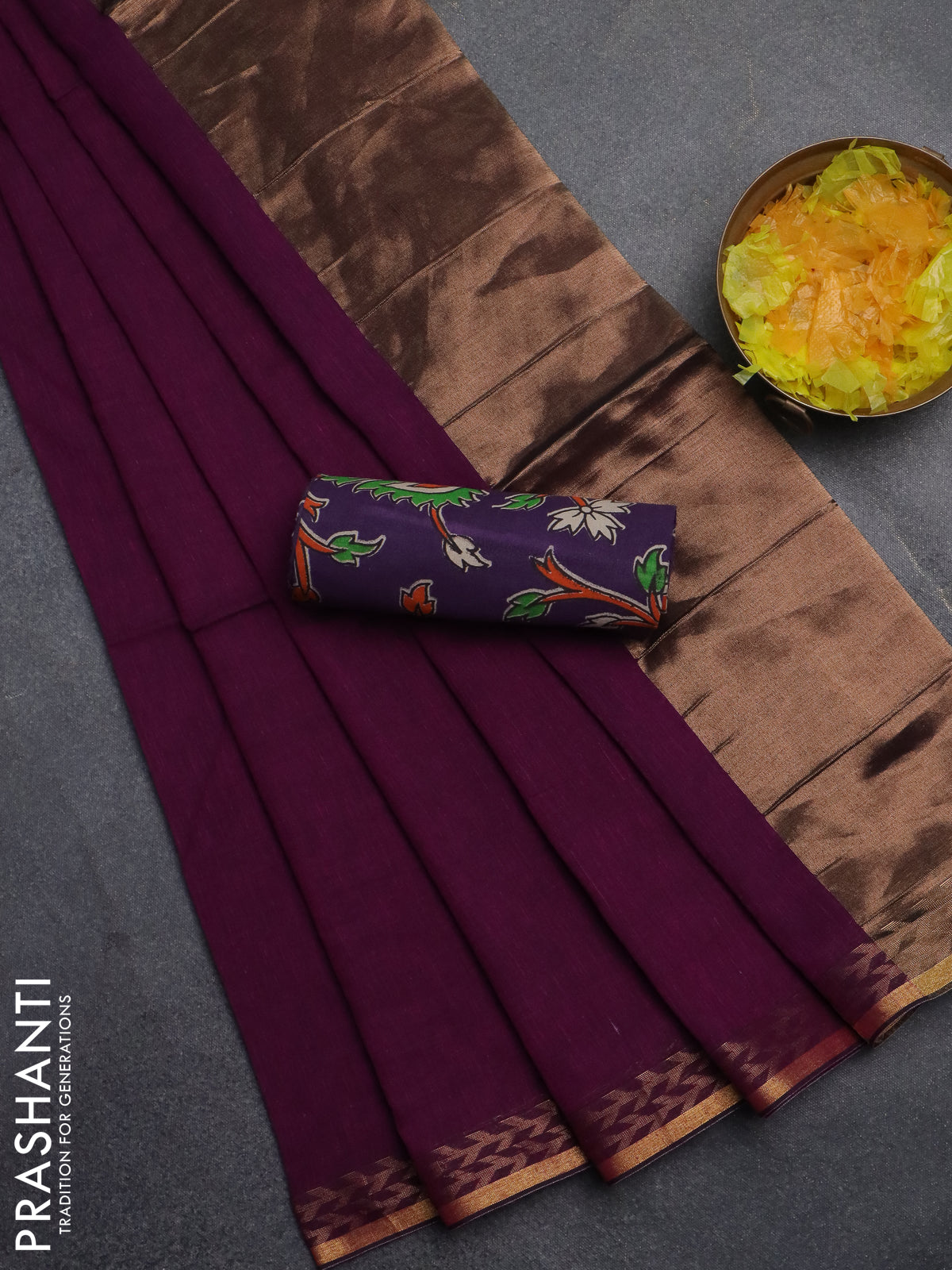 Bengal soft cotton saree purple and violet with plain body and zari woven border