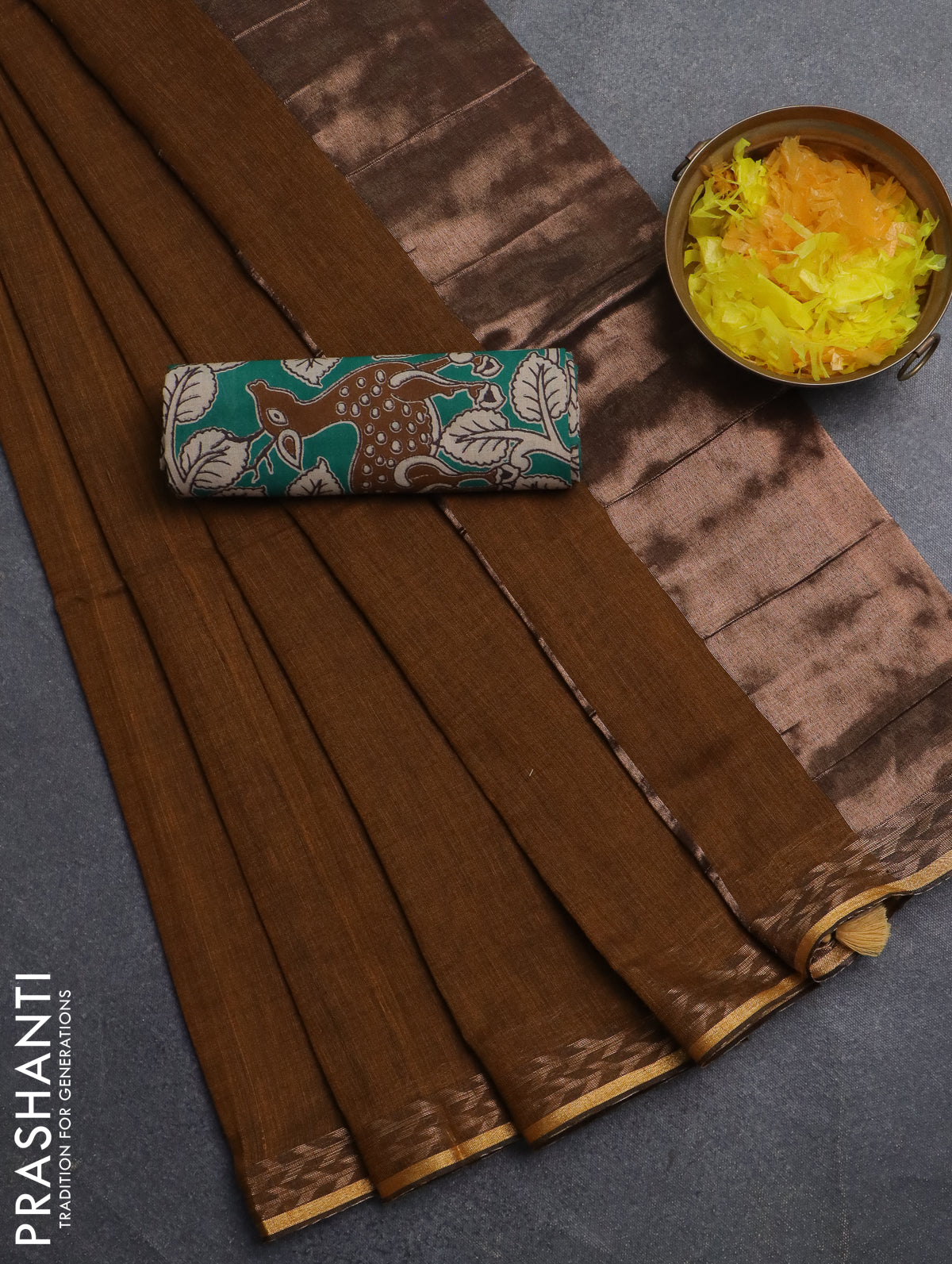 Bengal soft cotton saree dark mustard and green with plain body and zari woven border