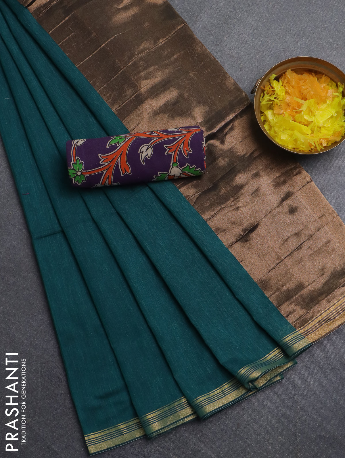 Bengal soft cotton saree teal green and violet with plain body and zari woven border