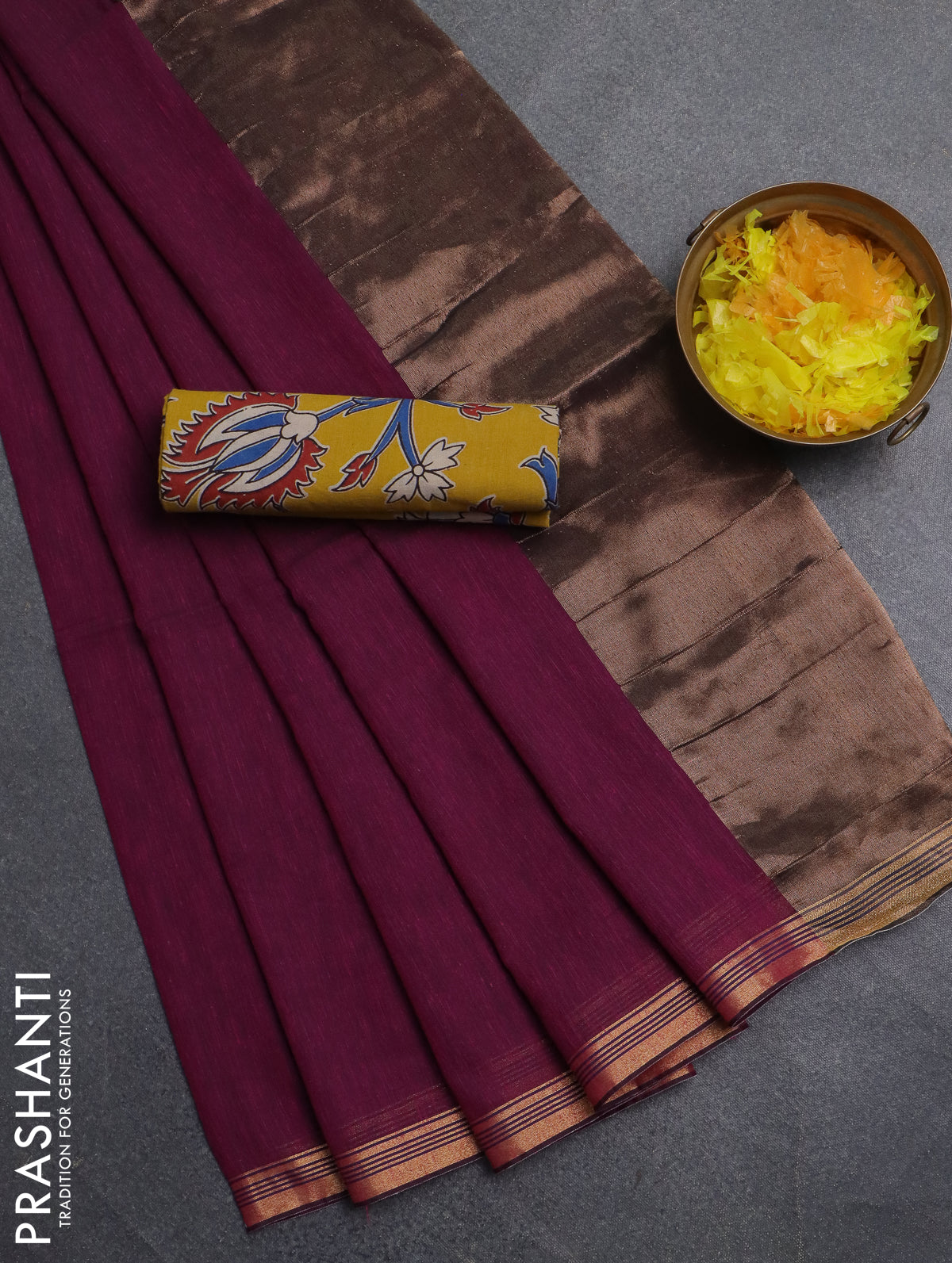 Bengal soft cotton saree dark magenta pink and yellow with plain body and zari woven border