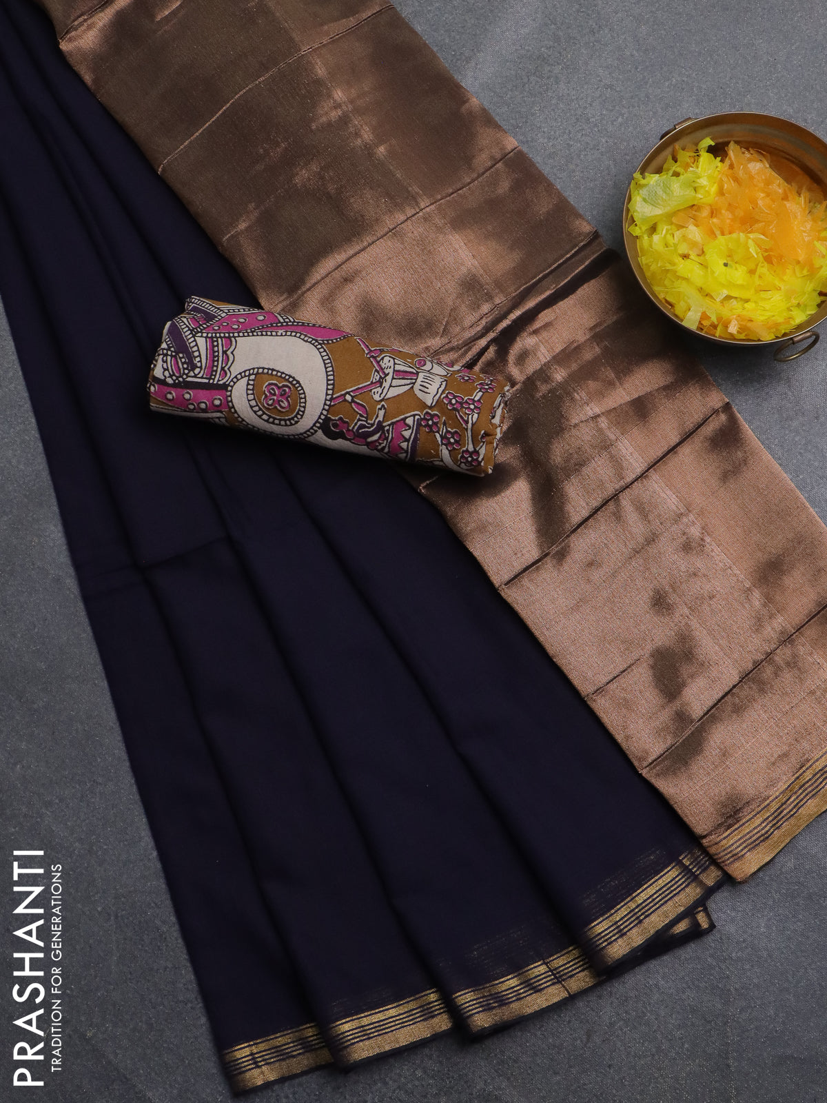 Bengal soft cotton saree deep navy blue and dark mustard with plain body and zari woven border