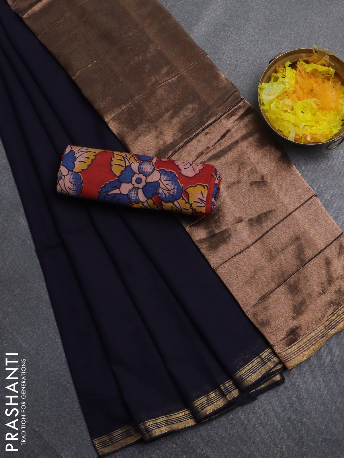 Bengal soft cotton saree navy blue and maroon with plain body and zari woven border