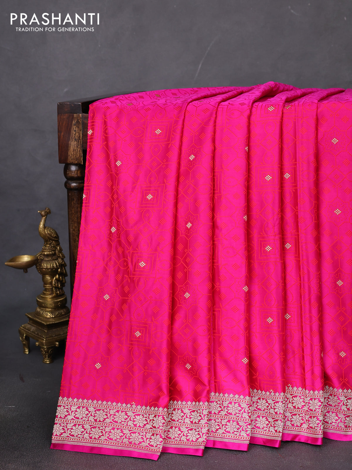 Banarasi semi mushru silk saree pink shade and red with allover self emboss & zari buttas and zari woven border