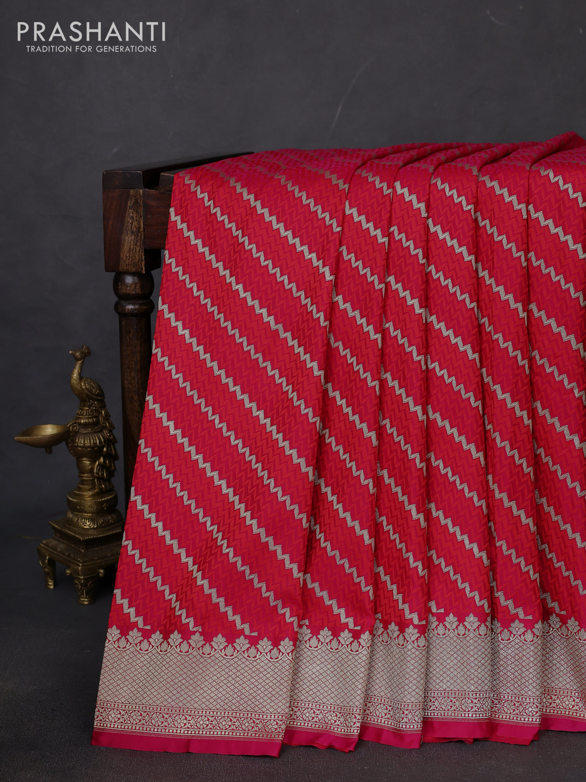 Banarasi semi mushru silk saree pink and red with allover self emboss & zari weaves and zari woven border